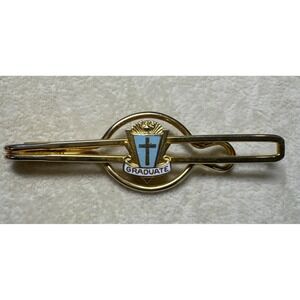 VTG Gold Tone Tie Bar Clip W Cross Blue & White Enamel Religious Graduation